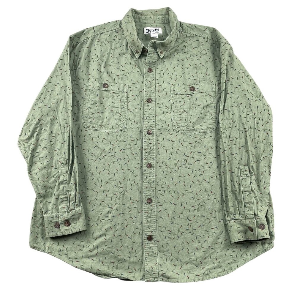 Duluth Trading Co Christmas Light Button Down Shirt Mens XXL Relaxed Fit Green